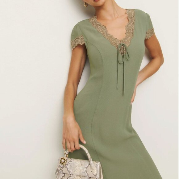 Reformation Green Midi Dress with Lace Trim - Picture 4 of 12